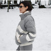 Women Chevron Color Block Padded Ski 2 Piece Set Fleece Collar Zipper Snow Jacket Cargo Wide Leg Pants Winter Snowboard Outfits