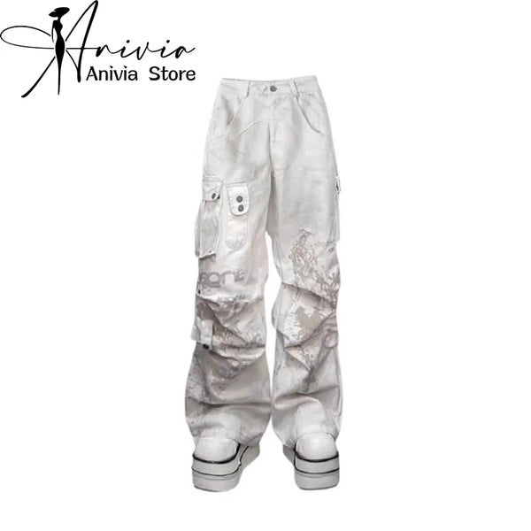 Women Off White Baggy Cargo Pants Vintage Harajuku Y2k Aesthetic Oversize Parachute Pants High Waist Wide Trousers 2000s Clothes