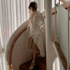 Sexy Lace Printed White Dress For Women See-Through Hollow Out Full Sleeve V Neck Slit Slim Maxi Dress Evening Party Club Outfit