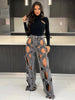 Women Vintage Cutout Hollow Out Criss Cross Straight Denim Pants High Waist Wide Leg Jeans Trousers