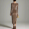 Elegant Velvet Swing Collar Dress for Women's Ruched Split Solid Office Lady Long Sleeve Slim Vintage Casual Wedding Guest Dress