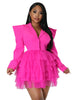 Vintage Women Single Breasted Notched Neck Puff Long Sleeve Mesh Cascading Ruffles Big Swing Blazer Dress Chic Vestidos