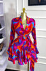 Women Tie Dye Print Flare Long Sleeve V-neck Sashes Ruffle Mini Dress Elegant Sexy Vacation Party Birthday Dresses