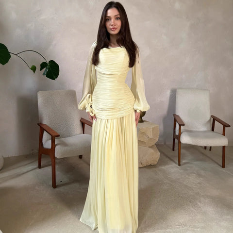 Women's Draped Design Solid Long Dress Casual Commute Waist Party Dresses Elegant O-neck Long Sleeve Evening Dress