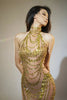 Sparkly Gold Rhinestone Sexy Transparent Mesh Long Dress Women Birthday Party Gown Stage Singer Performance Costume