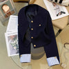 Navy Blue Short Jacket for Women Striped Patchwork Long Sleeve Coat Woman Spring Autumn French Gold Button Tweed Jacket