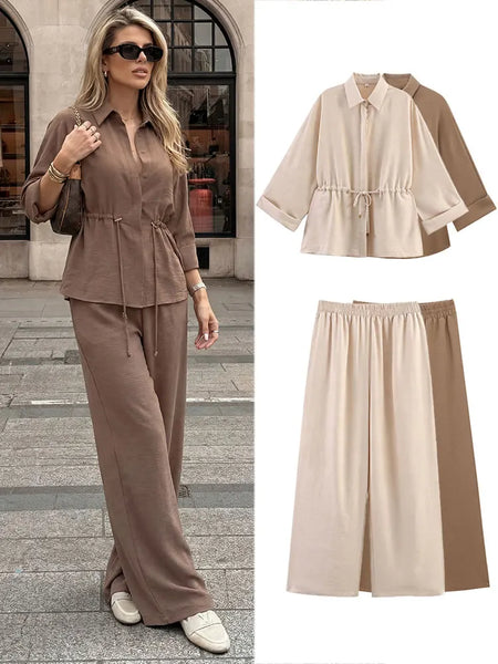 Women Pant Suit Lace Up Blouse Kimono Shirt Top Elastic Waist Wide Leg Pant Spring High Street Chic Sets