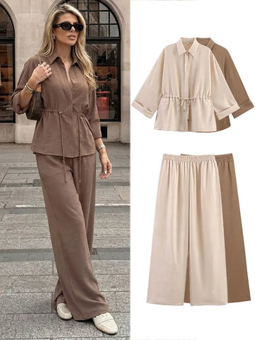 Women Pant Suit Lace Up Blouse Kimono Shirt Top Elastic Waist Wide Leg Pant Spring High Street Chic Sets