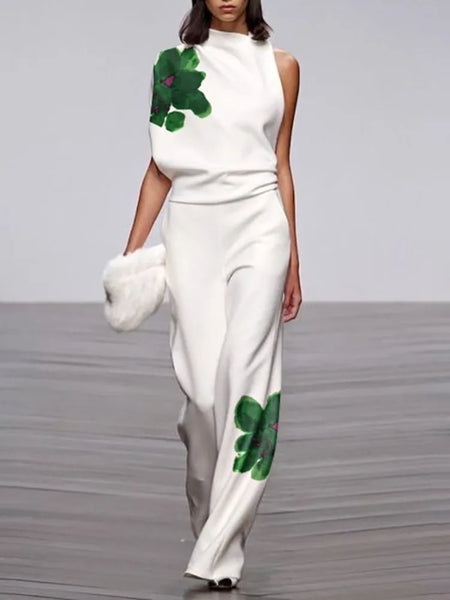 Women Floral Printed 2 Piece Sets High Neck One-shoulder Asymmetric Vest Tops & High Waisted Straight Leg Pants