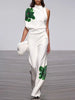 Women Floral Printed 2 Piece Sets High Neck One-shoulder Asymmetric Vest Tops & High Waisted Straight Leg Pants