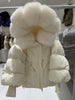 Lagabogy Winter Large Real Fur Hooded Puffer Jacket Women White Duck Down Mid Long Parka Thick Warm Knitted Sleeve Coat