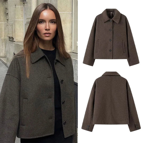 Woolen Women's Jacket Elegant Loose Long Sleeve Turndown Single Breasted Female Overcoat Winter Casual Lady Coat