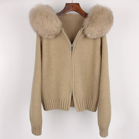 Autumn Winter Casual Hooded Real Fox Fur Collar Short Knitted Jacket with Natural Fur Coat for Women