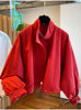 Women's Red Stand Collar Jacket, Casual Loose Fit Zip Up Outerwear with Drawstring Cuffs, Short Thin Coat for Autumn Spring
