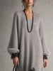 Vintage Loose Women Sweater Dress Gray Sequin Knit V‑Neck Lantern Sleeve Lace Splicing Irregular Hem Casual Party Midi Dresses