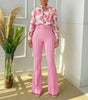 Autumn Women Elegant Outfit Set Printed Stand Collar Long Sleeve Shirt Top Straight‑leg Pants Casual Two‑piece Set
