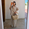 Striped Long Pants Set Color Block Turn Down Collar Three Quarter Sleeve Shirt Wide Leg Bottoms Casual Chic Women Outfits