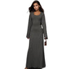 Solid Ribbed Trumpet Long Sleeve Maxi Dress Back Lace-Up Straps Elegant Casual For Women A little thinner Dresses All seasons