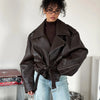 Retro Solid Lace Up Leather Short Jackets Women Chic Lapel V-neck Waist Cinching Cropped Jackets Lady Daily High Street Outwear