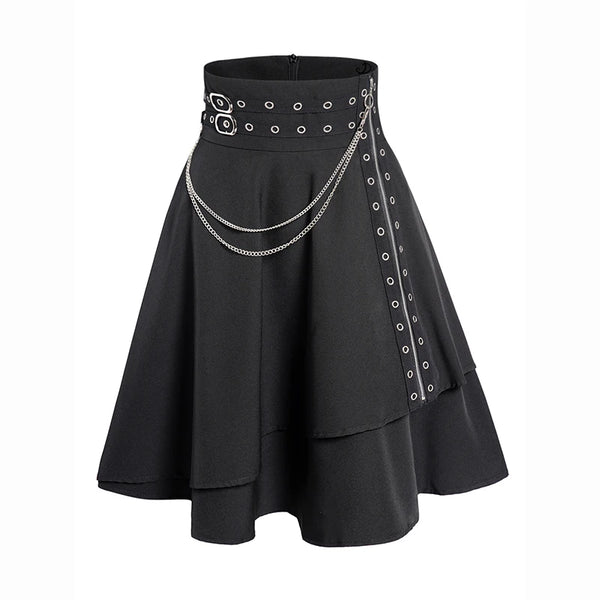 Womens Asymmetic Hem Plaid Skirt Buckle Strap Detail Casual Midi A Line Dress Black Skirts