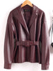Women Split Leather Blazer With Slim Waist Belt Spring Autumn Notched Collar Loose Leather Jacket Female Coat