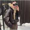 Ladies Winter Retro Fur Collar Leather Jacket V‑Neck Full Lapel Long Sleeve Double Breasted Urban Warm Casual Outer