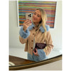 Deer Print Faux Fur Cropped Jacket Women Blue Contrast Lapel Cuff Button Up Fluffy Warm Coat Winter Casual Street Outwear