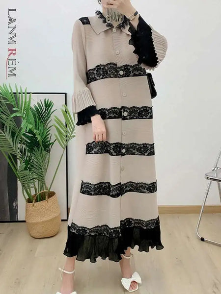 Lace Patchwork Pleated Dress For Women Lapel Long Flare Sleeves Color Block Elegant Party Clothing 32A431