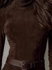 American Retro Suede Leather Split Hem Dress for Women's Long Sleeve Turtleneck Solid Elegant Sexy Fit and Flare Long Dress
