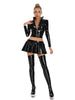 Women Glossy 2-piece PU Leather Club Outfits Long Sleeve Front Zipper Crop Jacket and Pleated Miniskirt Set for Pole Dance Raves