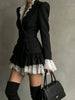 Women Black Double Breasted Blazer Dress Lace Ruffle Collar Cuffs Hem Peplum Slim Coat For Cocktail Party Elegant Evening Wear
