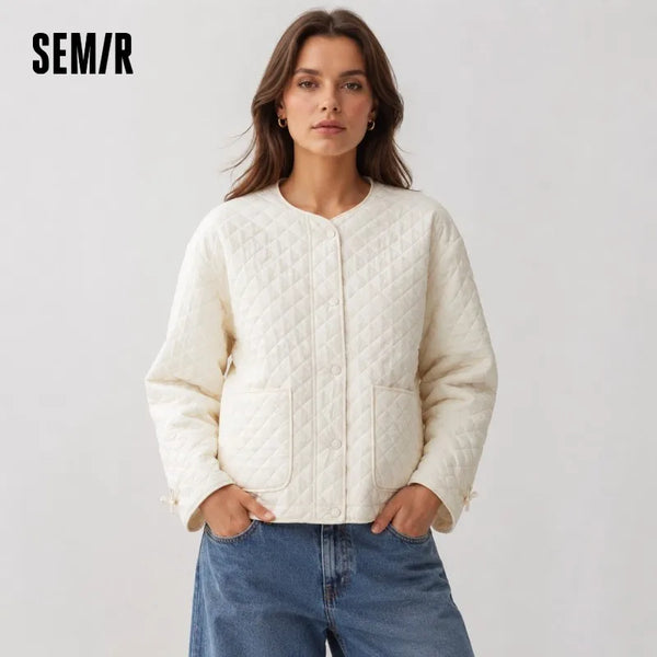 Coats Women Padded Textured Diamond Inner Layer Loose Casual Winter Drawstring Lightweight Cotton Jackets for Woman