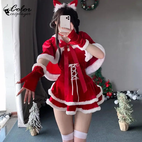 Christmas Dress Suit Women Xmas Cosplay Costume Red Suit Party Rabbit Ears Headwear Year Hooded Shawl Christmas Girl Set