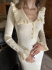 Ruffled Patchwork Knit Maxi Dress For Women Elegant Ribbed Long Sleeve Party Dress Gown Slim Knitwear Long Dress