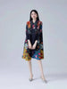 Printting Women's Pleated Dress Turn Down Collar Single Breasted Elastic Loose Long Sleeve Dresses 2DB8280