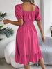 Solid Puff Sleeve Square Neck Ruched Bust Ruffle Hem Wasit Dress, Women's Clothing