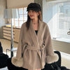 Elegant Lace Up Woolen Coat Women Furry Lapel Fur Patchwork Belt Loose Short Jacket Female Lady Autumn Winter Cardigans