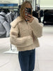 Soft Fleece Jacket For Women Elegant Oversized Lapel Long Sleeve Zipper Cropped Coat Lady Spring Casual Outerwear