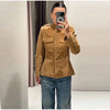 Vintage Suede Jackets Women's Full Sleeves Single-breasted Waist-cinching Stand Collar Coats Ladies Autumn Outwear