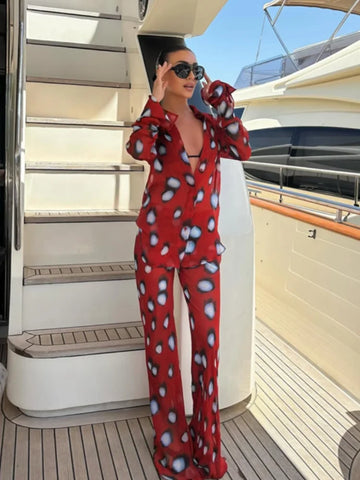 Women Chic Vacation Outfits Leopard Print Sheer Chiffon Pants Set Casual Loose Long Sleeve Shirt & Wide-leg Pants