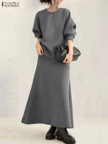 Women Autumn Pullover Sweatshirt and Elastic Waist A-Line Midi Skirt 2 Pieces Dress Sets Cozy Casual Solid Suits Outfits