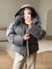 Women Hooded Stand Collar Cropped Puffer Jacket Zip Snap Button Loose Slim Short Quilted Casual Winter Warm Outerwear Coat