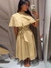 Lapel Cape Sleeve Lace Up Long Sleeve Women Elegant Epaulet Oversized Waist Cinching Pleated Shirt Dresses Chic Ladies Partywear