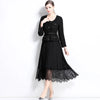 Elegant Women U Collar Long Sleeve Pleated Midi Dress Runway Spring Tweed Patchwork Chiffon Lace Trims Belt Party Vestidos