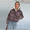 Solid Hooded Cropped Puffer Jacket Women Stand Collar Snap Button Loose Long Sleeve Jackets Winter Casual Warm Padded Coat