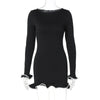 Autumn Winter Women Contrasting Ruffle Hem Mini Dress Elegant O-neck Long Sleeve Bodycon Dresses Street Short Robes