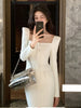 Sexy Square Collar Dress Women Tweed High End Autumn Elegant Slim Waist Long Sleeve Party Dresses Vestidos