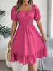 Solid Puff Sleeve Square Neck Ruched Bust Ruffle Hem Wasit Dress, Women's Clothing