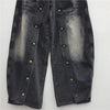 Autumn Style American Buttoned Denim Women's Pants High Street Loose Distressed Full Length Pants