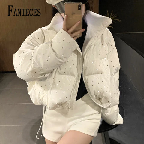Winter Clothing Parkas Women's Outwear Short Coats Korean Rhinestone Coat Ladies Thickened Warm Cotton Puffer Jackets